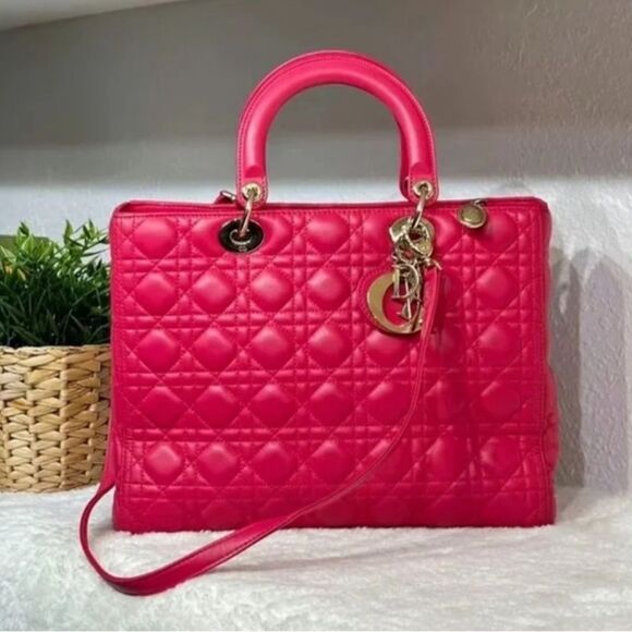 AUTHENTIC! *Barbie--PINK* CHRISTIAN DIOR Lady Dior Large Cannage Lambskin Bag - Picture 1 of 16